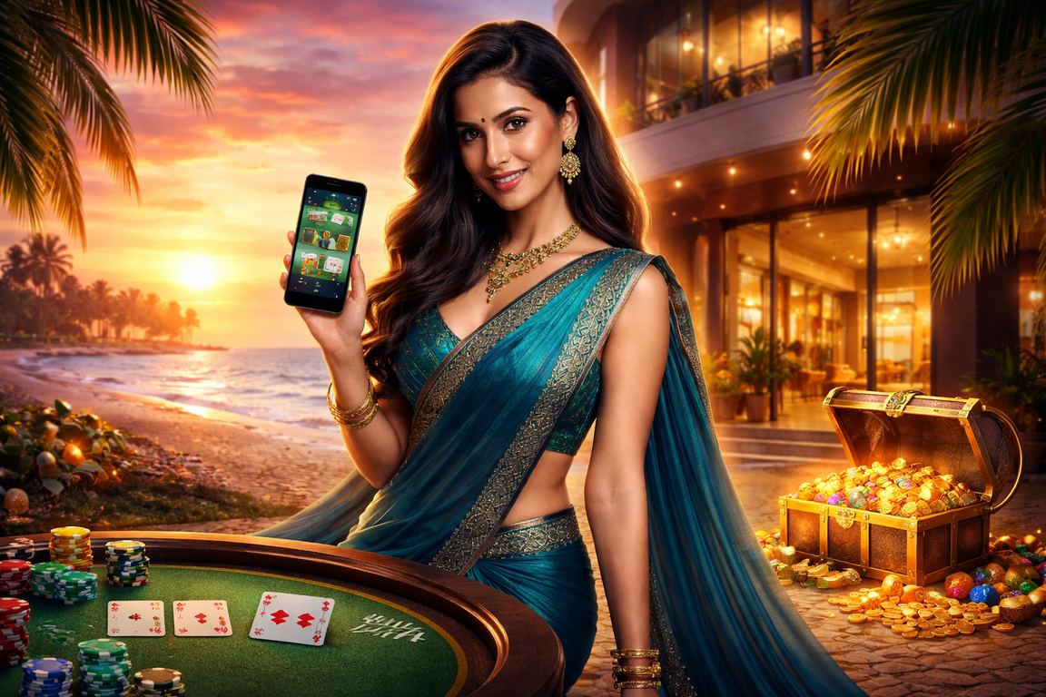 Indian woman enjoying Andar Bahar mobile casino game in traditional saree