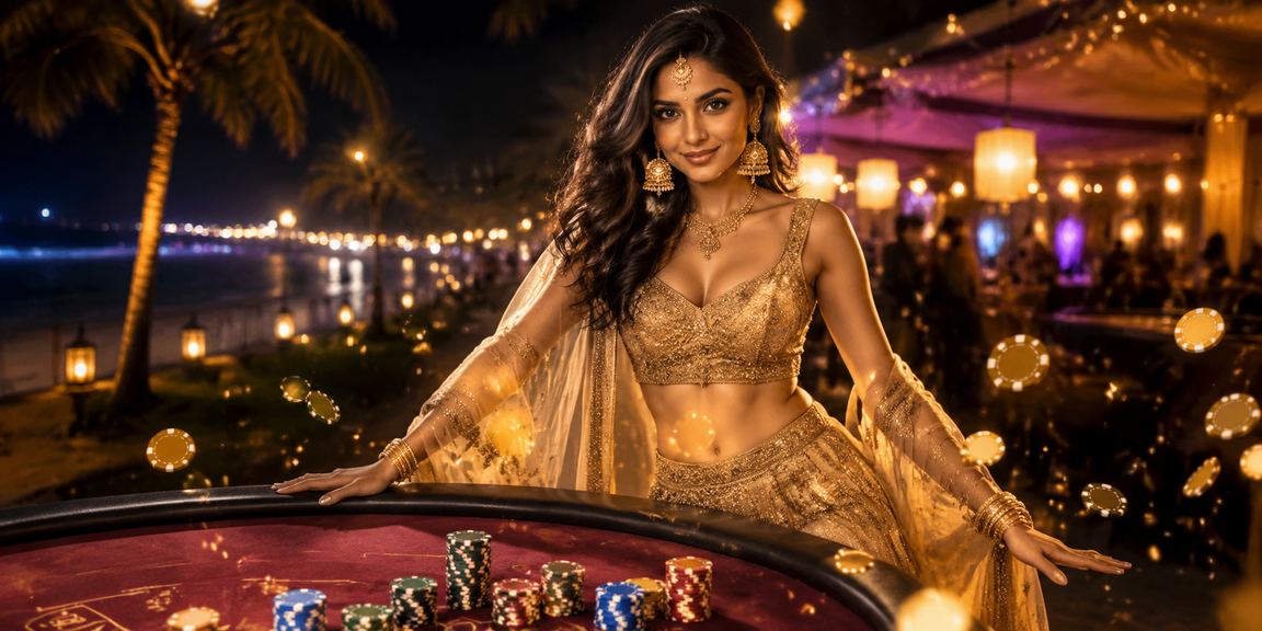 Indian woman using casino app on smartphone with festive decor