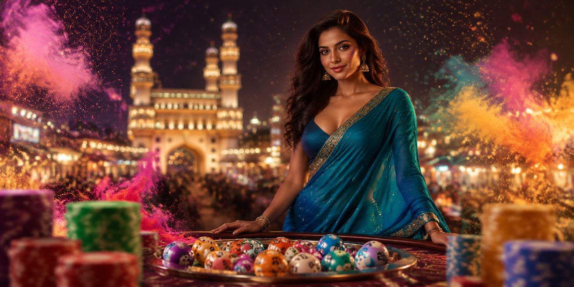 Indian woman enjoying lottery game on mobile near Charminar Hyderabad