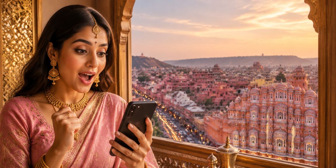 Indian woman playing lottery on mobile with festive background